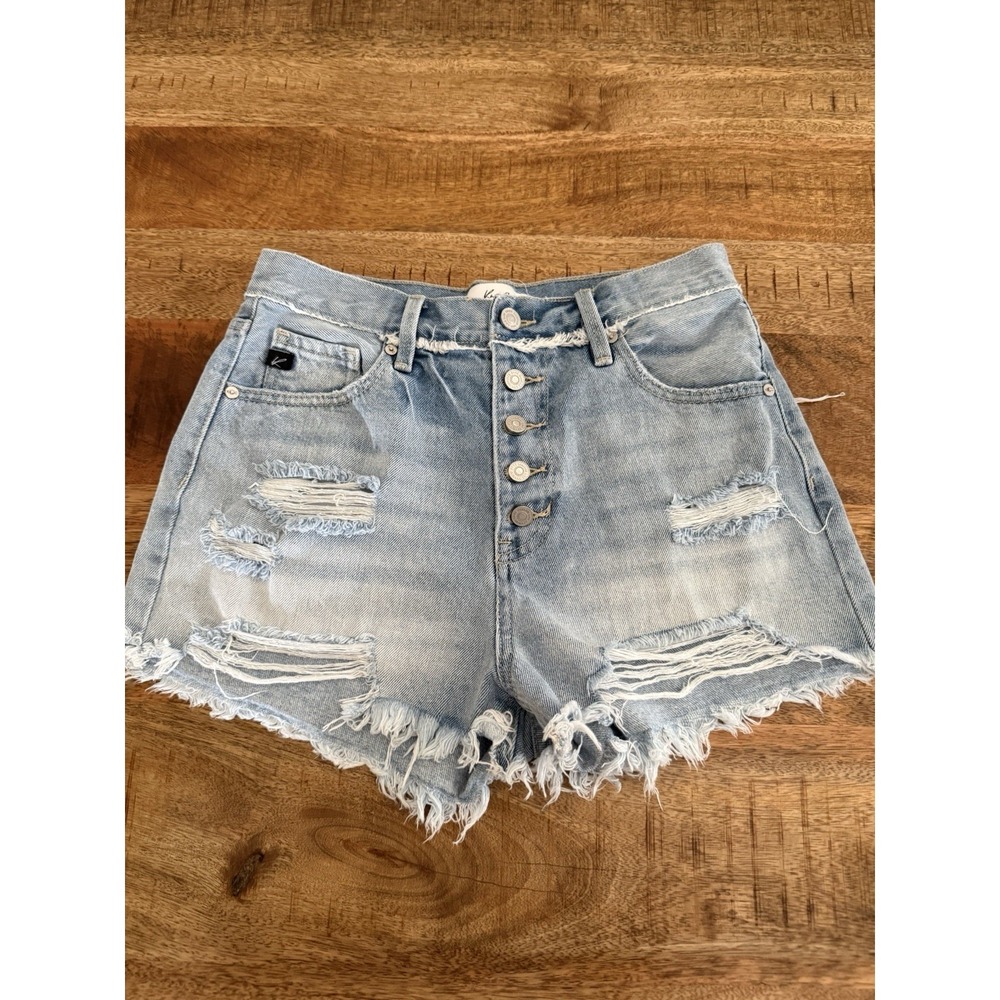 KanCan Women's Distressed Denim Shorts Size 3/25 High Rise Button Fly Frayed Hem